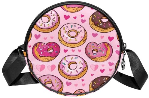 Eslifey Crossbody-Tasche für Damen, rosa Donuts, Herzmuster, runde Umhängetasche, modische Umhängetasche, Clutch, Handtasche, mehrfarbig, 7x1.8 in