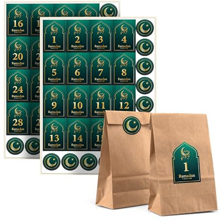Ramadan Kalender zum Befüllen – 30 Eid Mubarak Tüten, Ramadan Zahlen Aufkleber 1-30 und Verschluss Sticker – Ramadan Geschenke Kinder und Erwachsene – Ramadan Deko mit Eid Mubarak Sticker gold - GRÜN