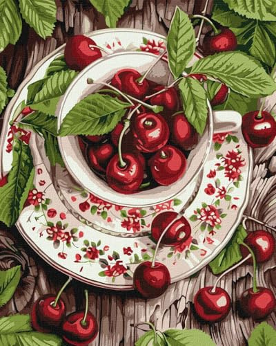 IDEYKA Frische der Kirsche ©art_selena_ua Malen nach Zahlen für Erwachsene, einfaches Acryl-Malen nach Zahlen für Erwachsene, mit rahmen,DIY als Geschenk, 40x50cm