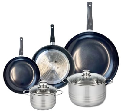 ELO 9744450 Kochgeschirr-Set, 5-teilig, 3 Bratpfannen 20, 24 und 32 cm, 2 Kochtöpfe 14 und 20 cm Elo Prima glänzend, Edelstahl, Induktion
