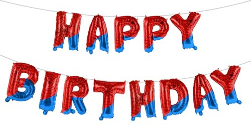 SAVITA Banner de Cumpleaños de Araña, Roja y Azul Telaraña Pancarta Globos Feliz Cumpleaños para Niños Temática Araña Decoraciones Fiesta Halloween Suministros