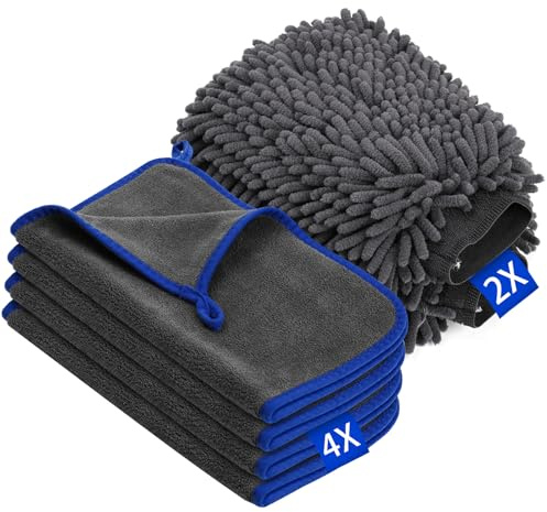 YOMKILU 6 Stück Auto Waschen Set, Auto Reinigungsset mit 4 Stück Mikrofasertücher & 2 Stück Waschhandschuh, Auto Zubehör Accessoires Autopflege Trockentuch zum Kratzfreien, Car Cleaning Kit