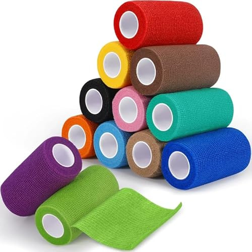 GMUFTIR Selbstklebender Verband, 12 Rollen 10cm Selbsthaftende Bandage, Verbandsmaterial, Elastische Binde für Haustiere Sport Hand Arm Fuß Gelenk Finge, Bunt