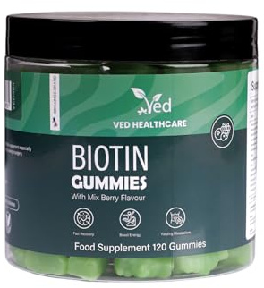 VED Biotin-Gummibärchen 5000 mcg, 120 vegane Gummibärchen mit 7 essentiellen Vitaminen, Beerenmix-Geschmack, Unterstützung für Haare, Haut und Nägel, gentechnikfrei, glutenfrei, vegan, 2Monats-Vorrat.