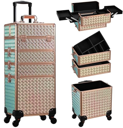 Stagiant 4-in-1 Makeup Trolley Vanity Case Makeup Case Make Up Box Organiser Storage Hairdressing Trolley on Wheels Nail Technician Polish Organiser Box, Shiny Gold