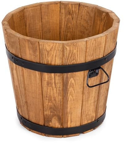 Drewdon Großer Holz Blumentopf Runder Garten Pflanzkübel mit Metallringen Dekoratives Holzfass als Pflanztopf Wetterfeste Blumenkübel für draußen Balkon Terrasse & Garten (Hellbraun, Ø50 x H45)