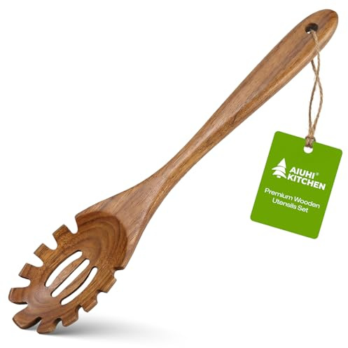 AIUHI Cuchara de madera para pasta con dientes, cuchara de espagueti de madera, tenedor de espaguetis de teca
