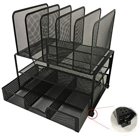 Schreibtisch-Organizer aus schwarzem Metallgewebe. ROBUSTER Organizer mit rutschfesten + kratzfesten Füßen. ELEGANTES Design. Schublade für Bürobedarf. 1 horizontales Fach + 5 Ständer für Dok + Brief