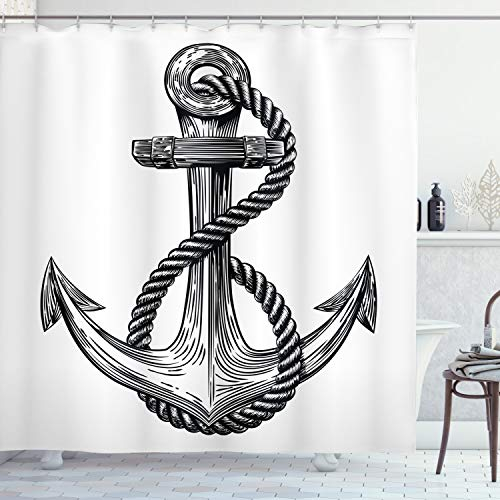 ABAKUHAUS Anker Duschvorhang, Vintage Sketch Seil, Stoffliches Gewebe Badezimmerdekorationsset mit Haken, 175 x 180 cm, Schwarz und weiß