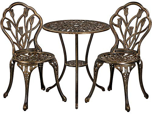 Yaheetech Set di Tavolo e Sedie da Giardino Set Mobili 2 Sedie 3 Pezzi Bistrò Veranda Balcone Motivo a Tulipano Lega di Alluminio Bronzo
