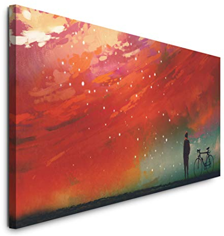 Paul Sinus Art GmbH Mann mit Fahrrad vor roten Wolken 120x 50cm Panorama Leinwand Bild XXL Format Wandbilder Wohnzimmer Wohnung Deko Kunstdrucke