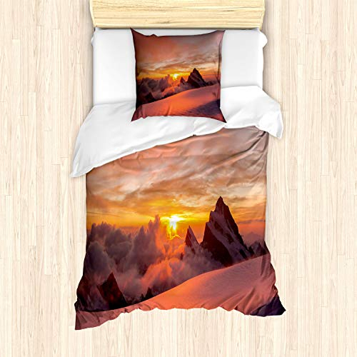 ABAKUHAUS Berg Bettbezug Set, Sonnenaufgang in den Schweizer Alpen, Milbensicher Allergiker geeignet mit Kissenbezügen, 135 cm x 200 cm - 80 x 80 cm, Weiß und Gelb