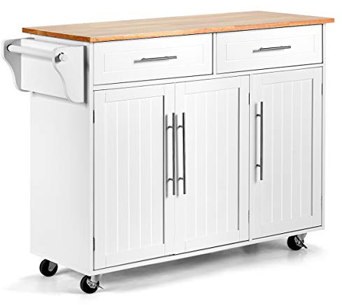 DREAMADE Küchenwagen aus Massivholz, Servierwagen Rollwagen Küchenschrank mit Schublade und Tür, Küchentrolley Küchenregal auf Rollen,Weiß