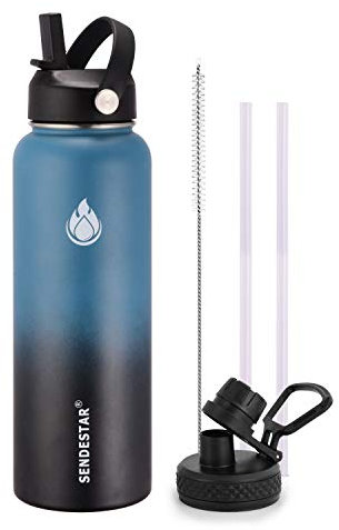 SENDESTAR Water Bottle 32oz Double Wall Vacuum Insulated Leak Proof Stainless Steel Sports Water Bottle—Wide Mouth with New Flex Straw Lid & Spout Lid (Deep Blue&Black)