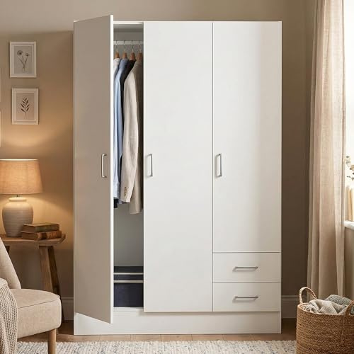 Dmora Armoire à trois portes et deux tiroirs avec étagères et tringle à vêtements, couleur blanche, Dimensions 120 x 170 x 50 cm