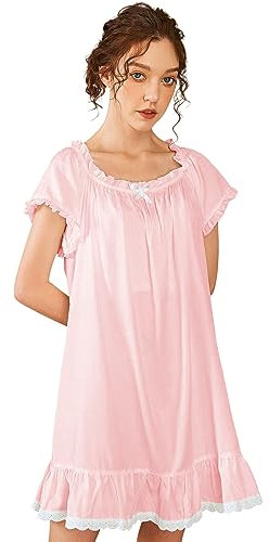 Nanxson Chemise de Nuit Femmes Coton Vêtements de Nuit Été Manche Courte Robe de Nuit Vintage Pyjama(XXL, Rose)