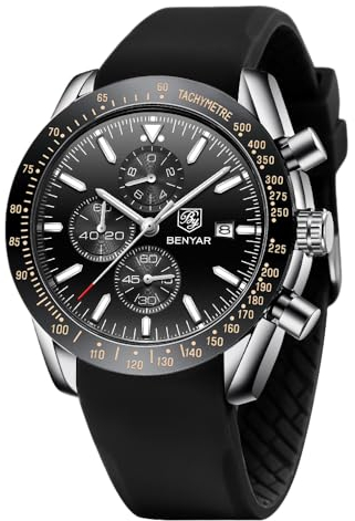 BENYAR Montre Homme Chronographe Analogique Quartz Etanche Lumineuses Classique Mode Affaires Sport Montres Bracelet Silicone Grand Cadran Date Montre Cadeau élégant pour Hommes