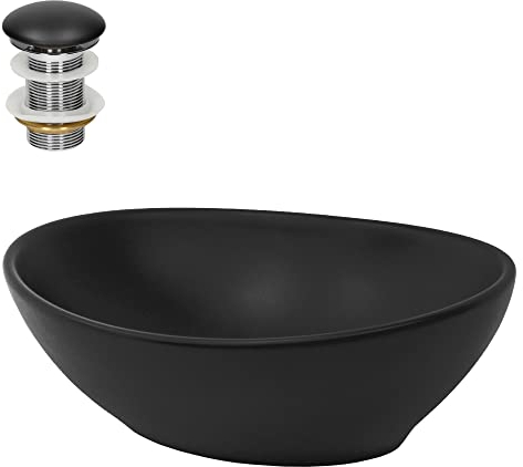 ML-Design Waschbecken Keramik Schwarz Matt 41x33,5x14,5cm Oval inkl. Ablaufgarnitur ohne Überlauf, Moderne Aufsatzwaschbecken Waschtisch Waschschale Waschplatz Handwaschbecken, für Badezimmer/Gäste-WC