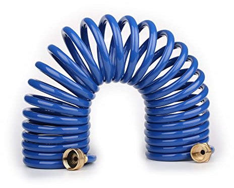 FUNJEE 1,27 cm robuster EVA-Spiralschlauch mit 1,27 cm GHT massiven Messingbeschlägen, Wasserschlauch mit Messinganschlüssen (7,6 m, blau)