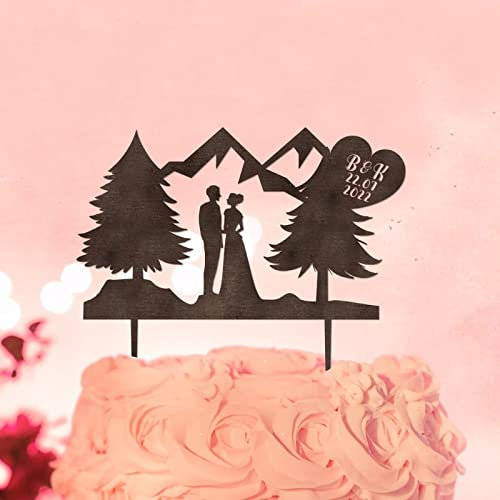 Décoration de gâteau élégante en acrylique pour anniversaire de mariage Mr & Mrs - Silhouette d'arbres de la forêt noire - Décoration de gâteau de mariage pour couple