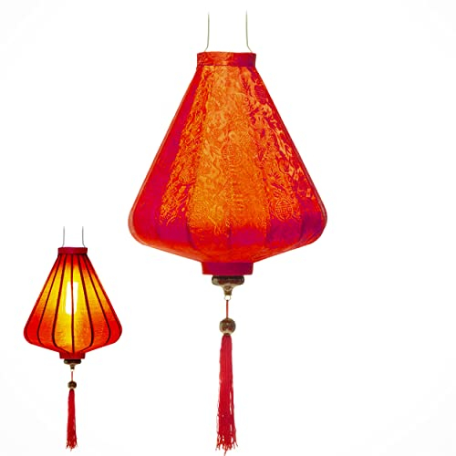 Asiatische Laterne Lampion aus Rot Seide, A Ø35cm - Traditionelle Hoi An Hängelampe aus Stoff, Bambus und Holz - Dekoration und Handwerk aus Vietnam (A25-R)