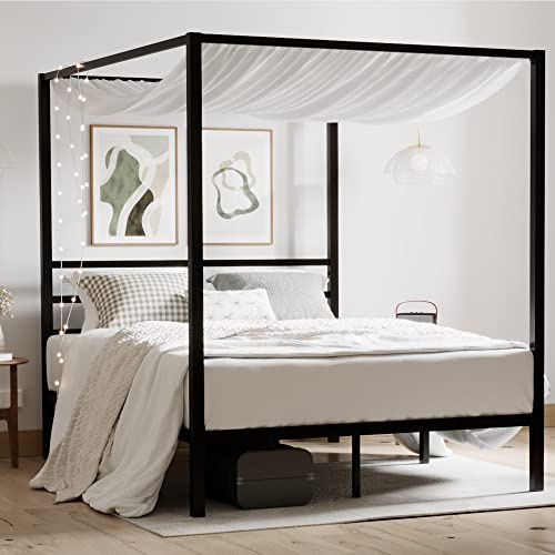 ikalido Queen Size Metal Canopy Bed Frame, Modern Four-Poster Platform Bed Frame, Mattress Foundation, Under-Bed Storage Space, No Box Spring Needed, Black