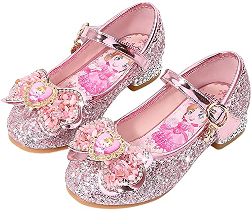 YOGLY Mädchen ELSA Prinzessin Schuhe Cosplay Eiskönigin Weihnachten Karneval Geburtstag Neujahr Kostüm Zubehör Weich Blau Rosa Silber Pailletten Kristall Hohe Absätze für Kinder Halloween Party