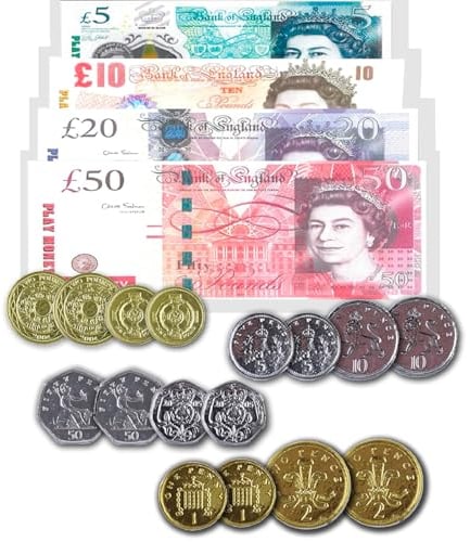 LORD C Play Money Notes And Coins Sterling Pounds Fake Money UK Currency Toy Banknotes Teach Literacy And Numeracy Role Play Notes And Coins Home School Role Playing Post Office Set