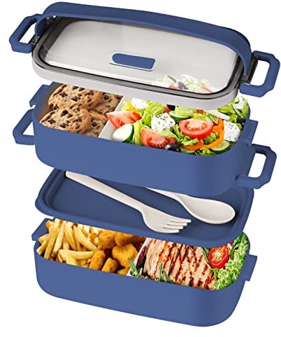 Beeptrum Brotdose, Lunchbox Erwachsene,stapelbare 1600ml Bento Lunchbox mit Utensilienset, 2 Fächer verstellbar, auslaufsicher, BPA-frei, mikrowellengeeignet, blau