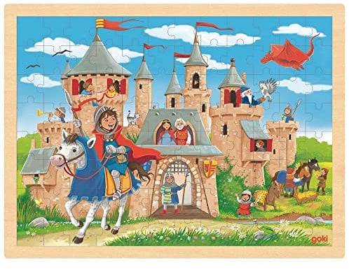 goki 57335 - Einlegepuzzle Ritterburg - 96 robuste Teile aus Holz - buntes Farbdesign mit detailreichem Ritteburg- Motiv