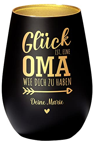 4you Design Windlicht Personalisiert mit Namen Glück ist eine Oma (Metall-Schwarz-Gold), Teelichthalter als Enkel-Geschenk zum Valentinstag für die Beste Großmutter, Omi Geburtstagsgeschenk
