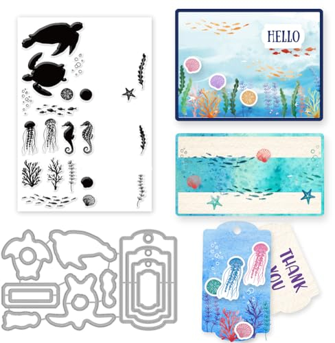 INFUNLY Stanzschablonen und Stempel-Set Meerestier klare Stempel und Stanzformen für Kartenherstellung Meeresschildkröte Gummistempel Hippocampus Seetang Quallen Gummistempel für Bastelpapier DIY