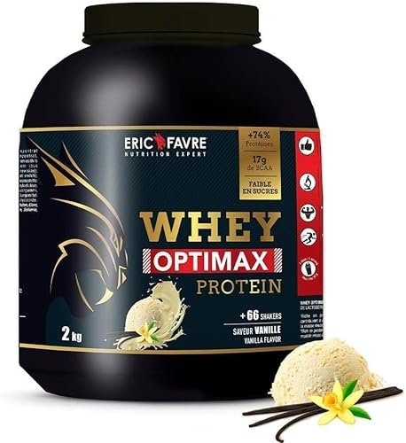 WHEY OPTIMAX PROTEIN +74% Protéines Bi-sources : WPC + Protéine Brevetée, 17g BCAA, 11g Glutamine, Peu Sucrée et Onctueuse - Idéal pour la Prise de Masse Musculaire - 2kg - Saveur Vanille - Eric Favre