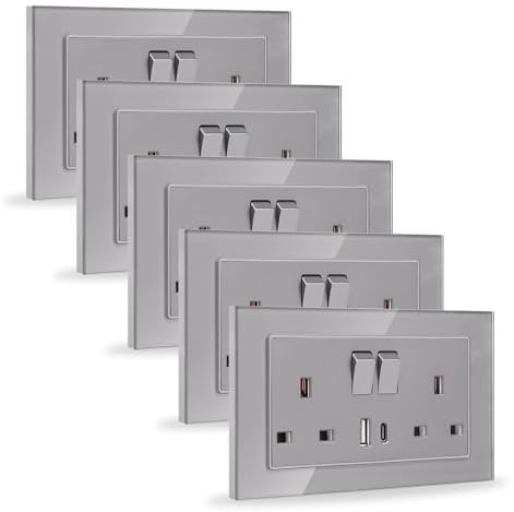 JIMEIDA 5 Pack 20W Grey Double Switched Socket Fast Charging 13 Amp with USB A and USB C Charging Ports Crystal Glass Panel Wall Outlet,250V