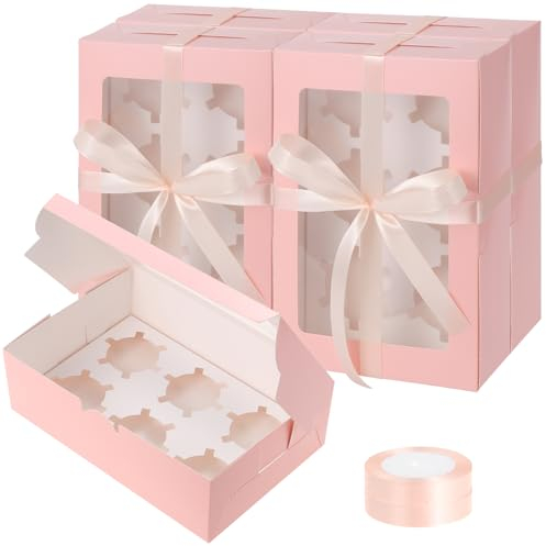Fippy 20 PCS Cupcake Boxes 6 Hole with Window, Pink Cakes Boxes Small Bakery Boxes for Cupcake Pastry Cookies Desserts