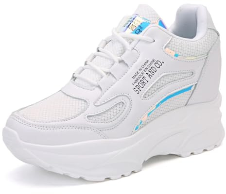 JAOOUU Sneakers Mit Keilabsatz Damen Wedges 8CM Absatz Sportschuhe Atmungsaktiv Leicht Turnschuhe Mode Bequeme Mesh Freizeitschuhe Weiß 38EU