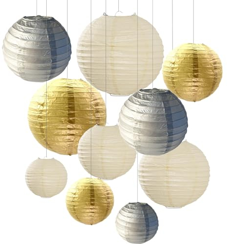 ZYOOO 10 Stück Goldene Silber Beige Papierlaterne Lampion rund Lampenschirm (Set 2 Farben à 25cm, 20cm,15cm,10cm) Boho Deko,Lampions Hochzeit,Deko Gartenparty,Bride to Be Deko