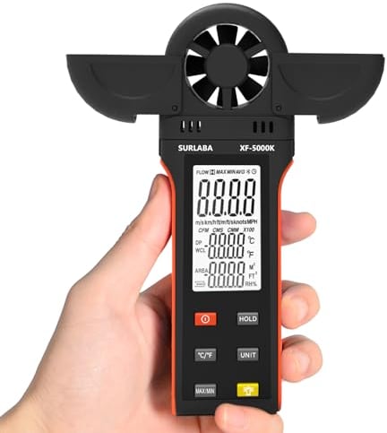 Anémomètre Numérique Extérieur, Wind Speed Meter XF-5000K Mesurer Vitesse du Vent (0.3-30m/s), Température, Humidité, Digital Anemometer avec Tête Rotative et étui de Protection pour Drones, Sailing