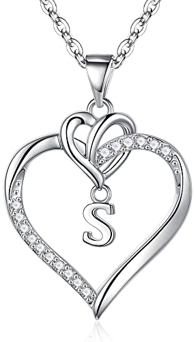 TINGN Halskette Damen Herz Buchstaben Kette, Silber Kette mit Buchstaben S Kette Damen Herz Halskette Damen Silber Buchstaben Kette Mädchen Muttertagsgeschenke Geschenke für Frauen Freundin Mutter