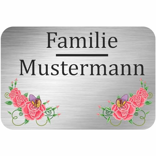 INDIGOS UG - Namensschild - bunte Blumen - 600x400 mm Aluverbundplatte Edelstahllook 3 mm - individuell personalisiert mit Wunschtext, Namen, Familienname, Firma - Briefkasten - Haustür
