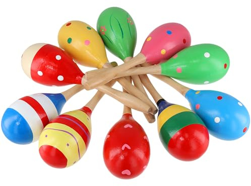 MOUYAT 10 Pcs Wooden Maracas, Full Size Painted Percussion Shakers Musical Instrument Maracas for Homes, Parties, Concerts, and Performances (19.5 x 6cm)