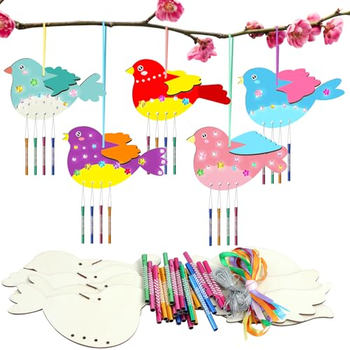 Nourdom 10 Stück Vogel Windspiel Bastelset Kinder, 3D-Vögel Holz Windspiel Bastelset Frühling Kinder Klangspiele Holzbastelsets Deko Garten Kreative Kunst Basteln Kindergeburtstag für Jungen Mädchen