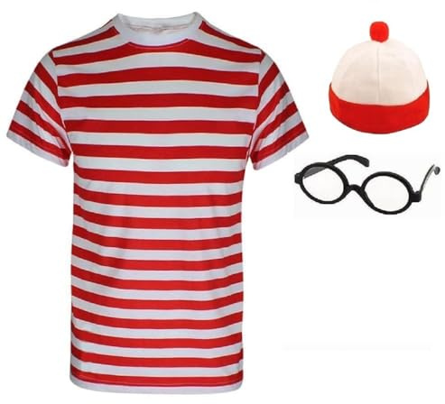 RAIS 3-teiliges Herren-Nerd-Geek-Kostüm, bestehend aus rot-weiß gestreiftem T-Shirt, Brille und Hut, Kostüm für Halloween, Welttag des Buches (S)