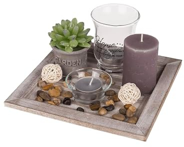 Centro de Mesa Decorativo con Plato y 2 portavelas y Velas – Juego de Piedras Decorativas, de Madera y Cristal, 20 x 20 cm, marrón, para Estudio, Dormitorio, salón