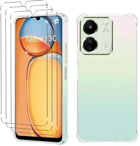 Xxmbbjy Cover per Xiaomi Redmi 13C/ Xiaomi Poco C65 Trasparente Custodia con 3 Pezzi Pellicola Protettiva in Vetro Temperato, Cover TPU Morbido Xiaomi Redmi 13C Silicone Anti-Caduta Case