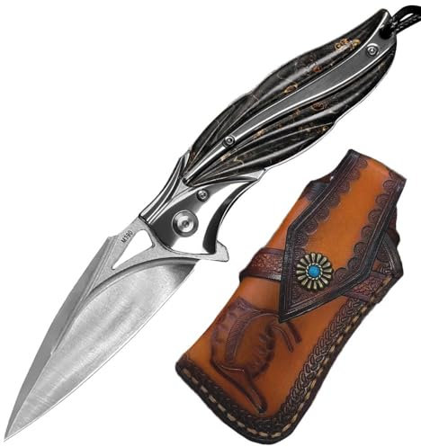 Joa Couteau de poche pliant M390 de qualité supérieure - En acier - Petit couteau d'extérieur - Couteau de survie - Manche en acrylique - Avec fourreau en cuir