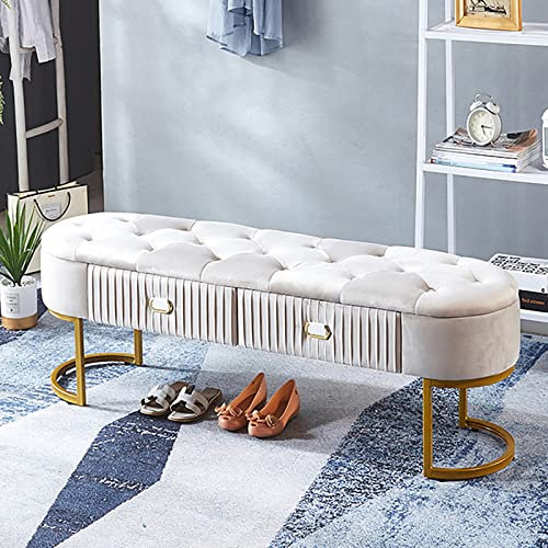 EsEntL Luxuriöse Aufbewahrungs-Osmanenbank mit Goldener Basis, Samt-Aufbewahrungsbank mit Schubladen, Moderne Bettbank, Schlafzimmer-Osmanenbank mit Stauraum, Beige, 31 Zoll (80 cm)