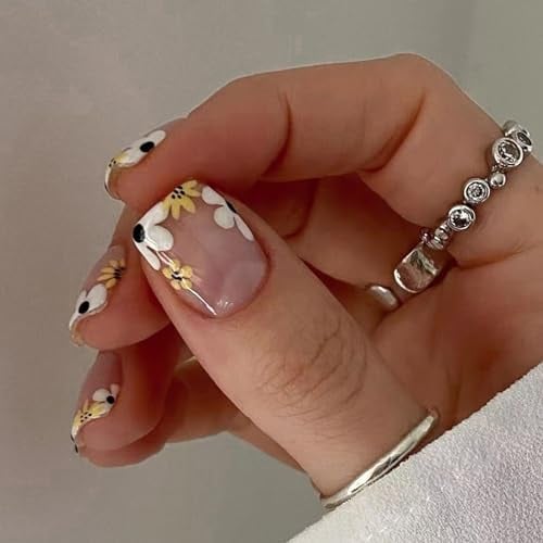 24 Pièces Faux Ongles Court Carrés, Nude Press on Nails Français Ongles à Coller avec Fleurs Dessin, Acrylique Bâton sur Les Ongles Couverture Complète Faux Ongles Autocollants pour Femmes et Filles