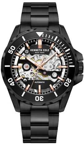 Kenneth Cole Herren Armbanduhr - Luxus Uhr für Männer Edelstahl Uhr Automatisch Selbstaufzug Wasserdicht Teilarabische Ziffern Indexform Stick Schlankes Design Analog Uhr mit Skelett Zifferblatt für