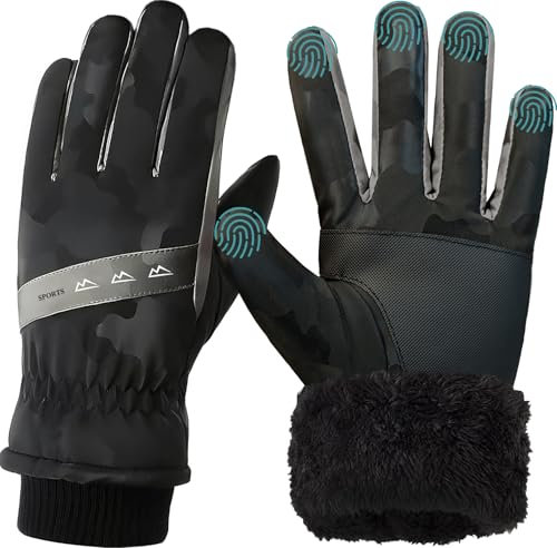 WUEAOA Handschuhe Herren Damen Winter,wasserdicht Warme Touchscreen Winterhandschuhe,Verdicktes Flusenfutter,für Schneeschaufeln,Radfahren,Laufen,Wandern,Skifahren,Hundespaziergänge, Schwarz M